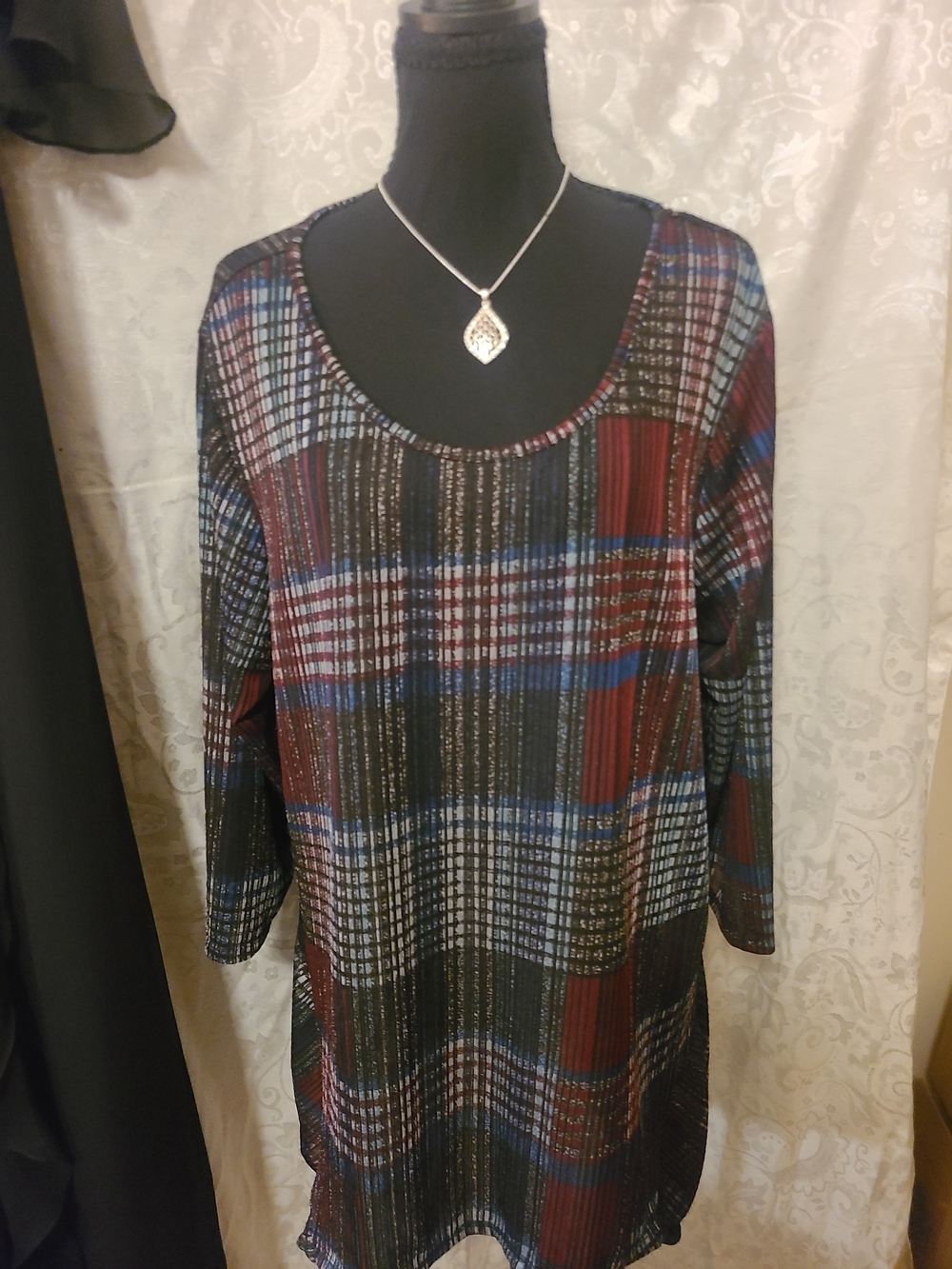 CJ Banks Red, Blue & Black Plaid Scoop Neck Tunic
